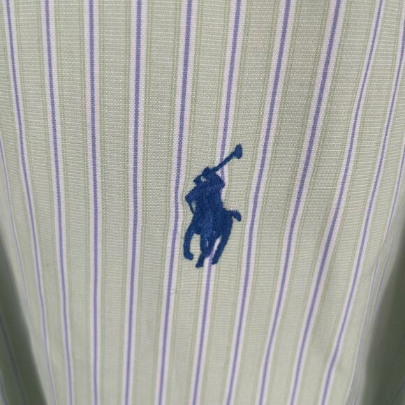 Ralph Lauren Long Sleeve Shirt Men Size17.5 Green Classic Fit Stripe Button Down - Picture 3 of 10